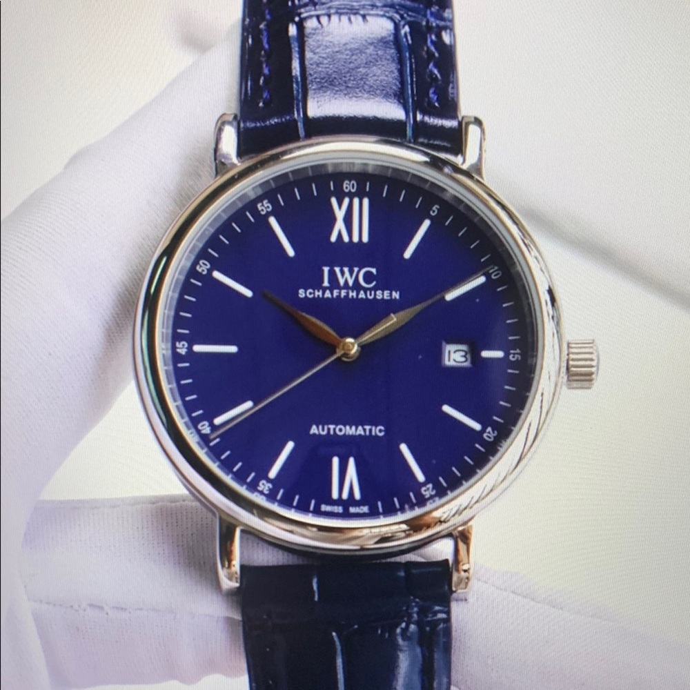 IWC Blue Dial Leather Strap Watch